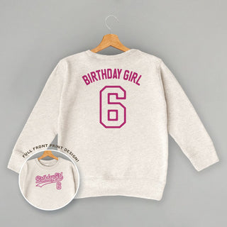Birthday Girl Varsity #6 Tee (Kids Back Print) POD - Apparel Ivy + Cloth Style: Toddler Tee Color: Pink Size: 2T