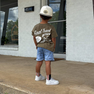 Final Track Attack Tee - Military GreenT-ShirtLITTLE RAD THINGSSize: 12/18M
