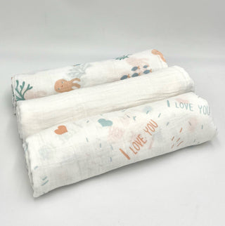 Swaddle Muslin Blankets - UNDER THE SEA, Set of 3, Girl Newborn Gift HeyPeacock