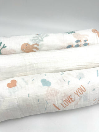 Swaddle Muslin Blankets - UNDER THE SEA, Set of 3, Girl Newborn Gift HeyPeacock