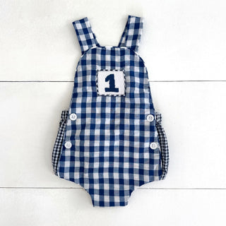 Navy Blue Smocked First Birthday Sunsuit Boy Bubble Seven Lantern Lane Size: 12M