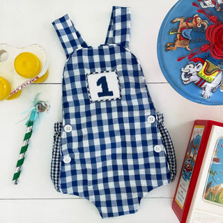 Navy Blue Smocked First Birthday Sunsuit Boy Bubble Seven Lantern Lane Size: 12M