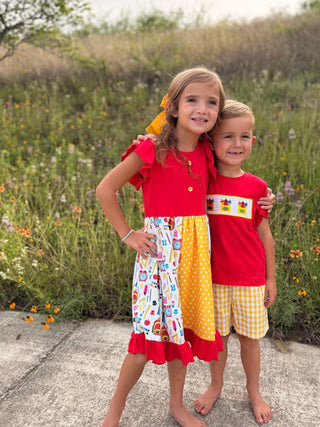 Back to School Crayon Smocked Boys Plaid Shorts Set Rylee Faith Designs