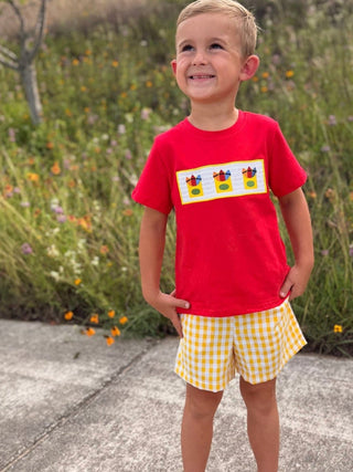 Back to School Crayon Smocked Boys Plaid Shorts Set Rylee Faith Designs