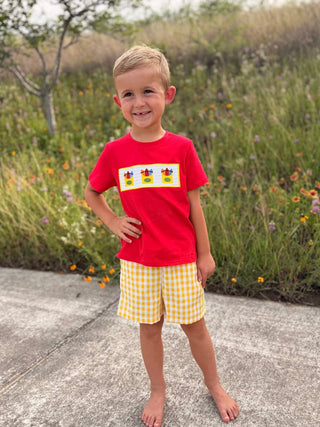 Back to School Crayon Smocked Boys Plaid Shorts Set Rylee Faith Designs