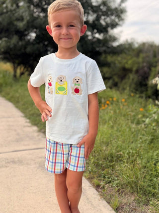 Boys Back To School Dog Plaid Short Set Applique Rylee Faith Designs