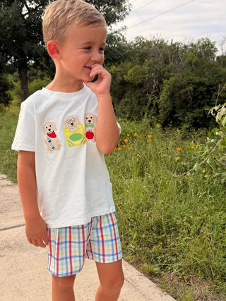 Boys Back To School Dog Plaid Short Set Applique Rylee Faith Designs