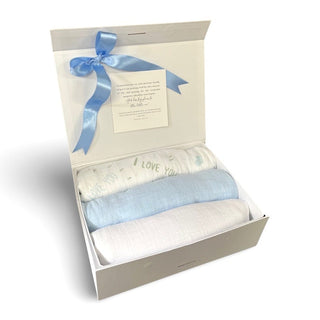 Swaddle Muslin Blankets - BUNDLE OF LOVE, Set of 3, Boy Newborn Gift HeyPeacock