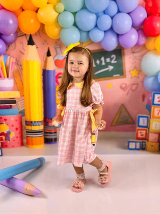 Girls Back To School Pencil Plaid Twirl Dress Bow Petals Collar Rylee Faith Designs