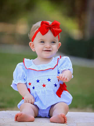 4th of july Girls' Smocking Star Embroidered Romper Romper Rylee Faith Designs Size: 3M