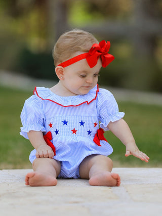 4th of july Girls' Smocking Star Embroidered Romper Romper Rylee Faith Designs Size: 3M