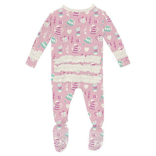 Girl's Print Bamboo Classic Ruffle Footie with 2-Way Zipper - Cake Pop Tea Party Baby & Toddler Sleepwear