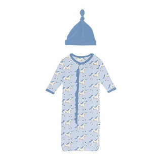Girl's Print Bamboo Ruffle Layette Gown Converter & Single Knot Hat Set - Dew Prancing Unicorn Baby & Toddler Sleepwear