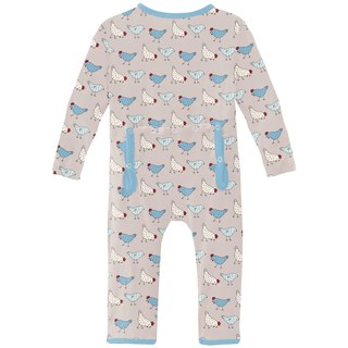Kickee Pants Coverall with 2-Way Zipper - Latte Chickens