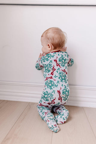 Bamboo Footie with 2-Way Zipper - Illusion Blue Mistletoe & Ribbons Baby & Toddler Sleepwear