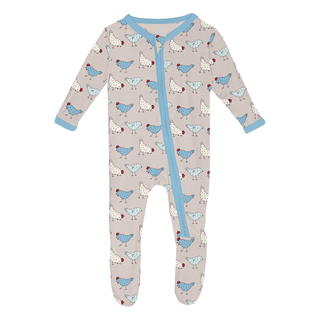 Kickee Pants Footie with 2-Way Zipper - Latte Chickens