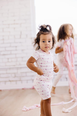 Girl's Print Bamboo Short Sleeve Pajama Set with Shorts - Natural Bird Banner KicKee Pants Size: 2T