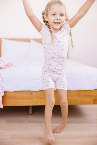 Girl's Print Bamboo Short Sleeve Pajama Set with Shorts - Natural Bird Banner KicKee Pants Size: 2T