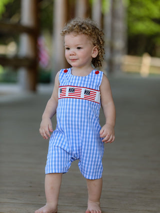 4th of july Flag Embroidery Smocking Boys Romper Romper Rylee Faith Designs Size: 3M