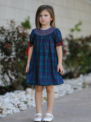 Christmas Plaid Puff Sleeves Smocked Dress Rylee Faith Designs