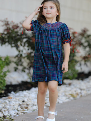 Christmas Plaid Puff Sleeves Smocked Dress Rylee Faith Designs
