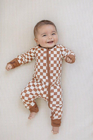 Bamboo Convertible Footie Romper - Rust Checkered Ribbed Baby & Toddler Sleepwear