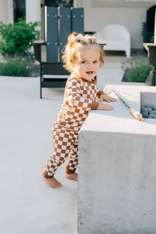 Ribbed Bamboo Long Sleeve Pajama Set - Rust Checkered Mebie Baby