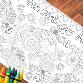 Monster Truck Coloring Tablecloth Party Supplies Creative Crayons Workshop Style: Personalized