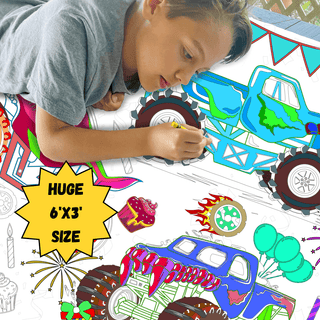 Monster Truck Coloring Tablecloth Party Supplies Creative Crayons Workshop Style: Personalized