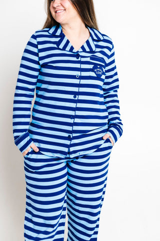 No Greater Love Blue Cotton Womens PJ Notch Collar Set Adult Women's Pajamas Holy Pals Size: XS