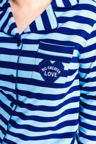 No Greater Love Blue Cotton Womens PJ Notch Collar Set Adult Women's Pajamas Holy Pals Size: XS