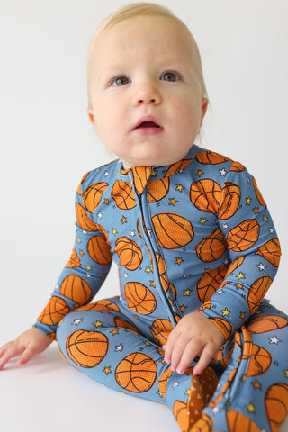 Bamboo Footie Zippered One Piece Slam Dunk (Basketball) Baby & Toddler Outfits Posh Peanut Size: Newborn Color: Blue
