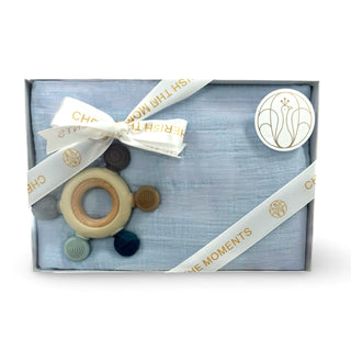 Swaddle Muslin Blanket - Solid Blue, Boy Newborn Gift + Teether HeyPeacock