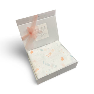 Swaddle Muslin Blanket - I LOVE YOU - PEACH/AQUA, Girl Newborn Gift HeyPeacock