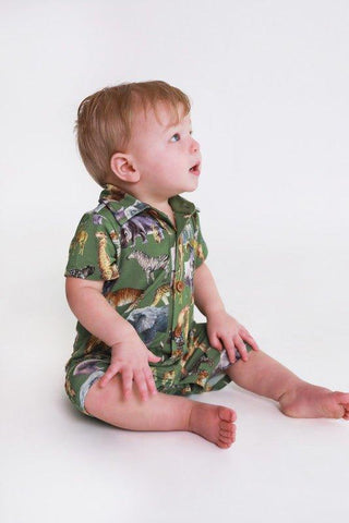 Boy's Bamboo Short Sleeve Collared Henley Romper - Posh Safari Baby One-Pieces