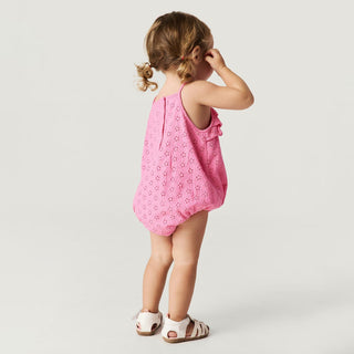 Eyelet Ruffled Bubble Romper - Aurora PinkPosh PeanutSize: 0-3 Months