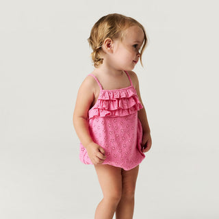 Eyelet Ruffled Bubble Romper - Aurora PinkPosh PeanutSize: 0-3 Months