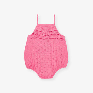 Eyelet Ruffled Bubble Romper - Aurora PinkPosh PeanutSize: 0-3 Months