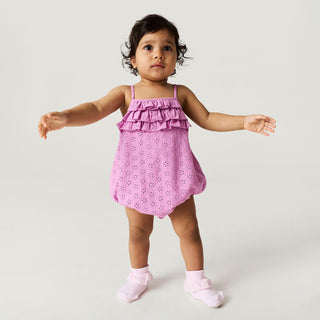Posh Peanut Eyelet Ruffled Bubble Romper - Violet Purple | Baby Riddle