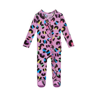 Girl's Bamboo Ruffle Footie with Zipper - Electric Leopard Baby & Toddler Sleepwear