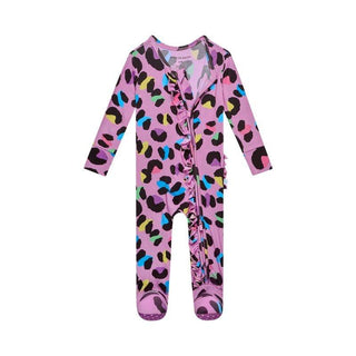 Girl's Bamboo Ruffle Footie with Zipper - Electric Leopard Baby & Toddler Sleepwear