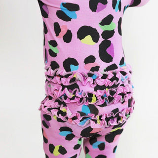 Girl's Bamboo Ruffle Footie with Zipper - Electric Leopard Baby & Toddler Sleepwear
