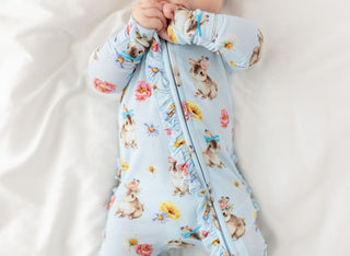 Posh Peanut Girl's Ruffle Footie with Zipper - Tinsley Jane (Bunnies and Floral)
