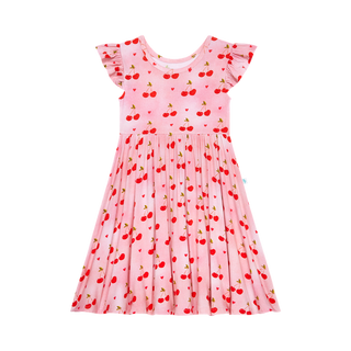 Posh Peanut Girl's Ruffled Cap Sleeve Twirl Dress - Very Cherry