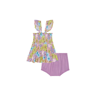 Posh Peanut Girl's Bamboo Smocked Flutter Sleeve Babydoll Top & Bloomer Outfit Set - Kourtney (Floral)