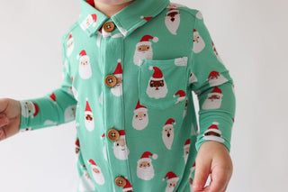 Bamboo Long Sleeve Collared Henley Long Romper - Santa Medley Posh Peanut Size: 3-6 Months