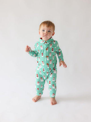 Bamboo Long Sleeve Collared Henley Long Romper - Santa Medley Posh Peanut Size: 3-6 Months