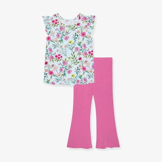 Posh Peanut Bamboo Ruffled Tee and Bell Bottom Pants Outfit Set - Tasha (Floral) | Baby Riddle