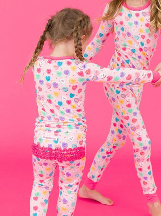 Bamboo Ruffle Long Sleeve Pajama Set - Be My Valentine (Candy Hearts) RuffleButts + RuggedButts Size: 2T