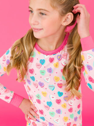 Bamboo Ruffle Long Sleeve Pajama Set - Be My Valentine (Candy Hearts) RuffleButts + RuggedButts Size: 2T